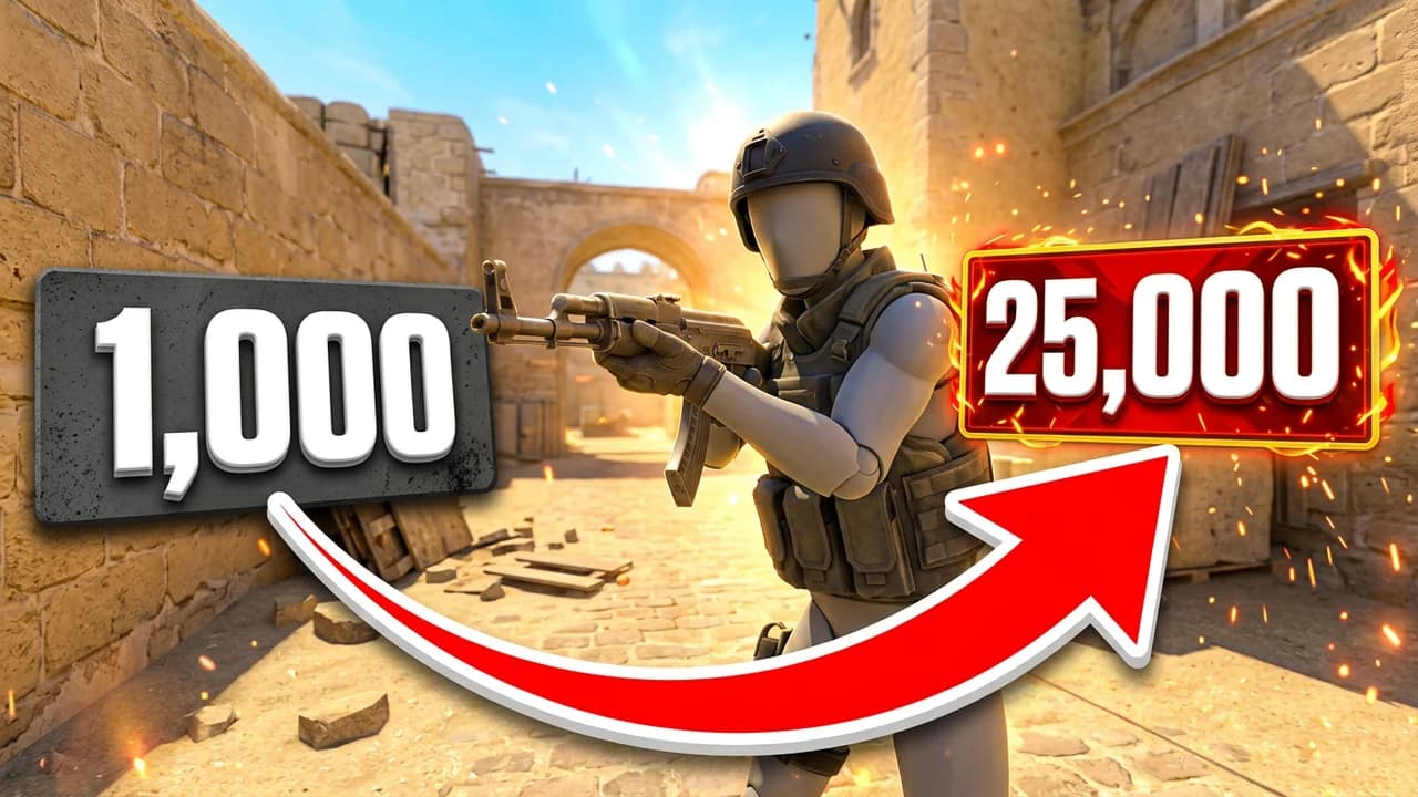 CS2 Premier rating climb thumbnail template, a player with a rifle between a grey 1,000 rating plate and a glowing red 25,000 plate, a curved red arrow between them