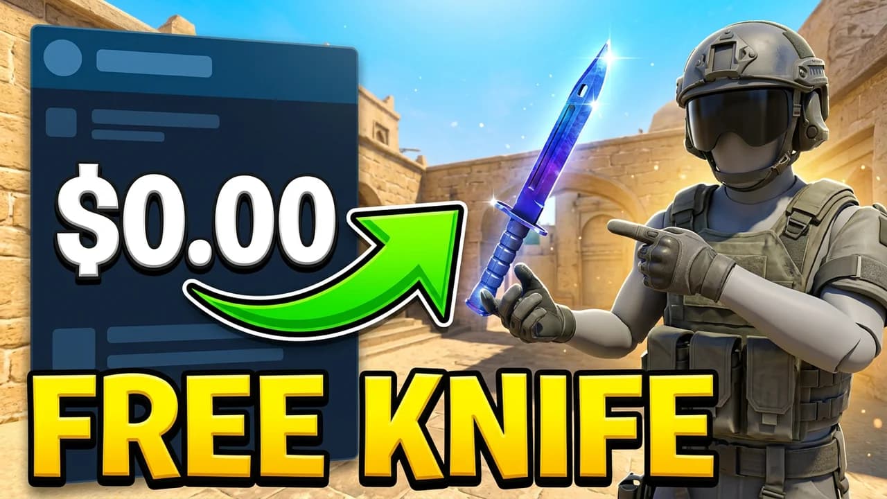CS2 trading thumbnail template, a wallet panel showing $0.00 and a green arrow to a shiny blue and purple knife, a player in a helmet pointing at it, FREE KNIFE text