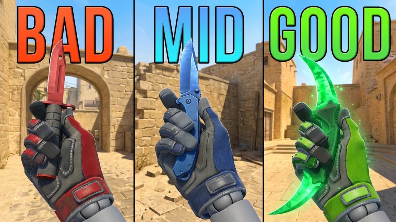 CS2 knife tier list thumbnail template, three gloved hands holding a red knife, a blue folding knife and a glowing green curved knife in three panels, BAD MID GOOD text