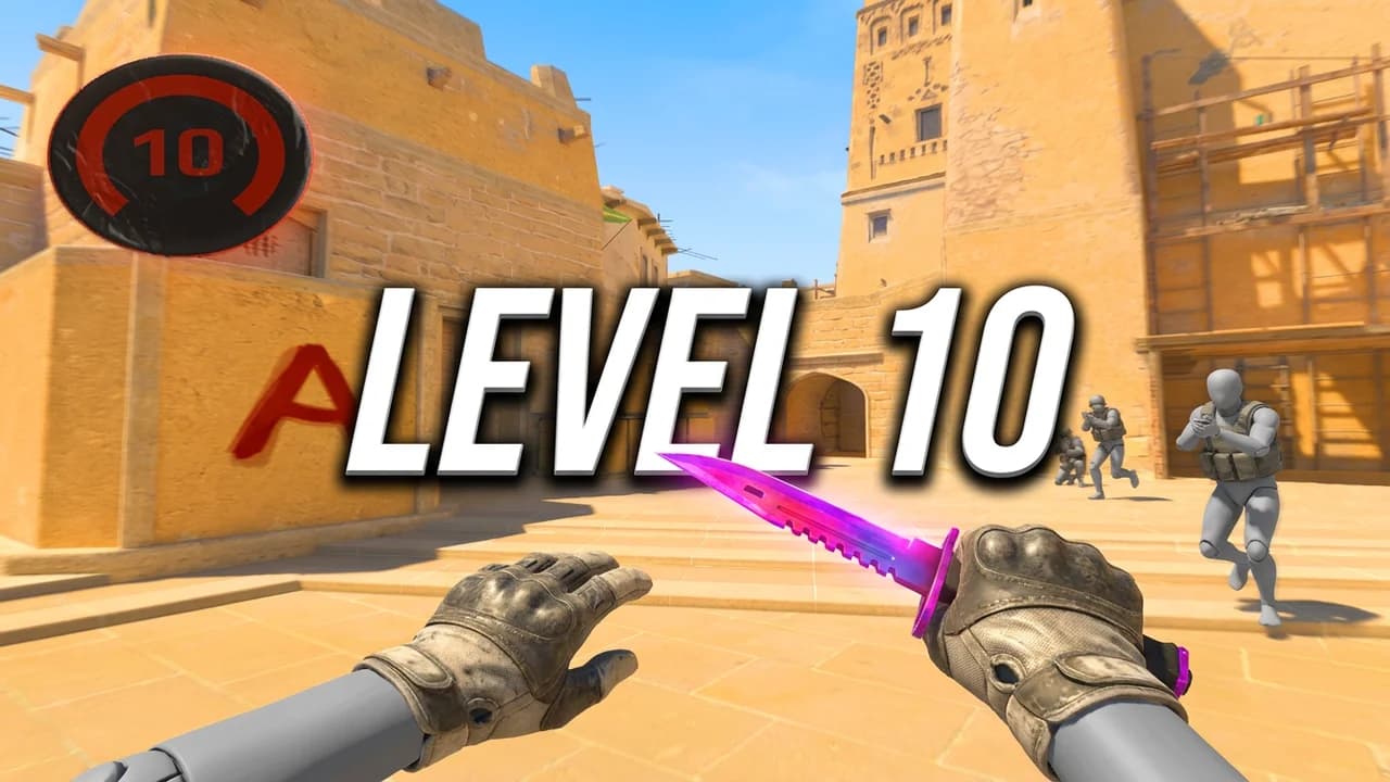 CS2 level 10 gameplay thumbnail template, a first person view of gloved hands with a glowing pink knife running at enemies on a sunny map, a red 10 badge and LEVEL 10 text