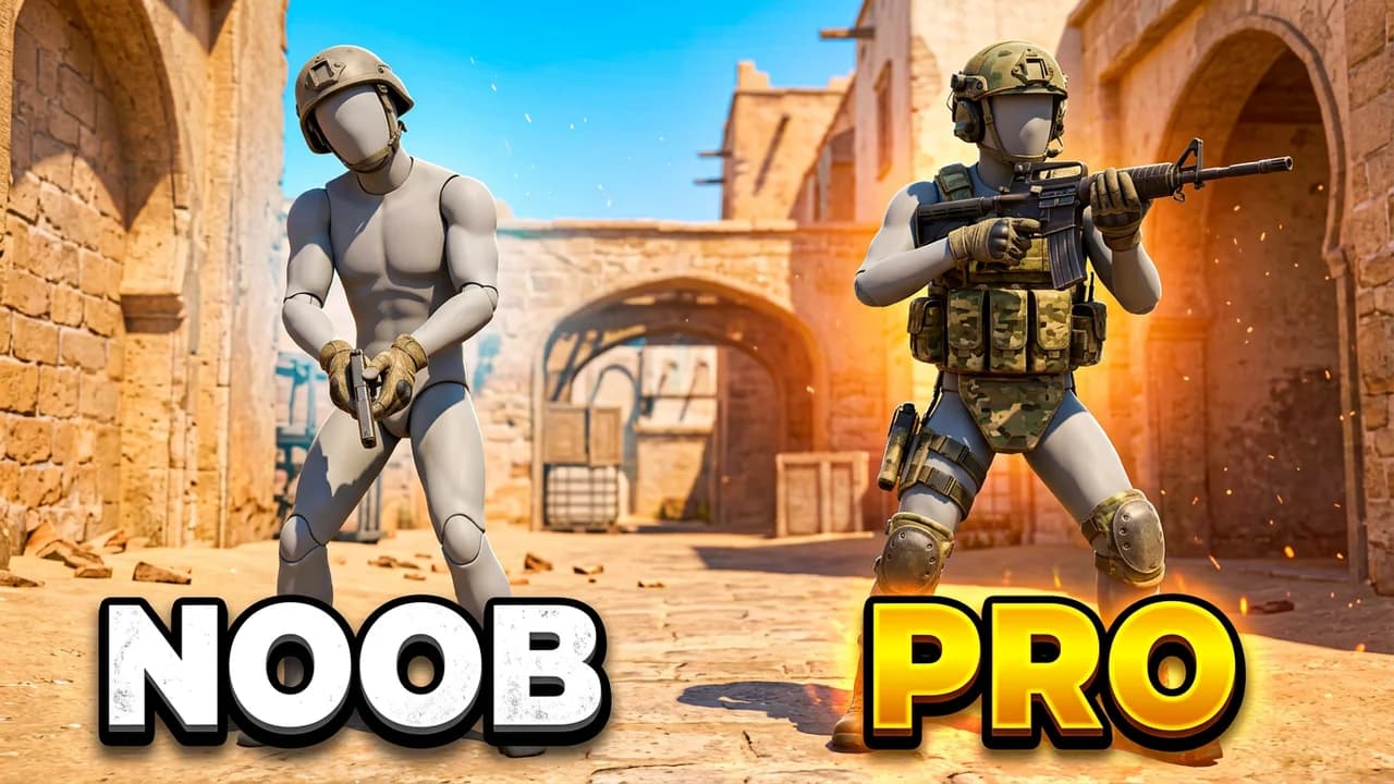 CS2 noob vs pro thumbnail template, a bare player awkwardly holding a pistol next to a geared-up player with a rifle and vest on a sunny sandstone map, NOOB and PRO text