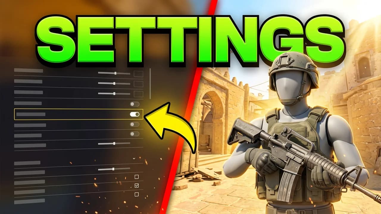 CS2 settings guide thumbnail template, a dark settings panel of sliders and toggles with a yellow arrow on one toggle, a player in a vest holding a rifle on the right, SETTINGS text
