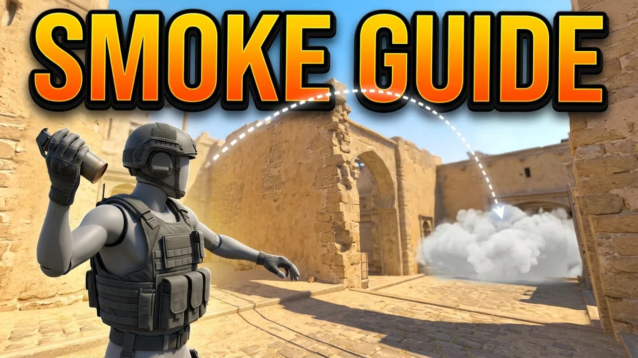 CS2 smoke guide thumbnail template, a player in a vest throwing a grenade over a sandstone wall, a dotted arc to a white smoke cloud in the courtyard, SMOKE GUIDE text