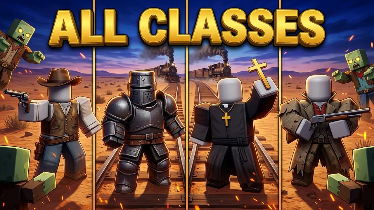 Roblox Dead Rails classes thumbnail template, four avatars in panels on the rails, a cowboy with a revolver, a knight in iron armour, a priest holding a cross and a gunslinger in a ragged coat, ALL CLASSES text