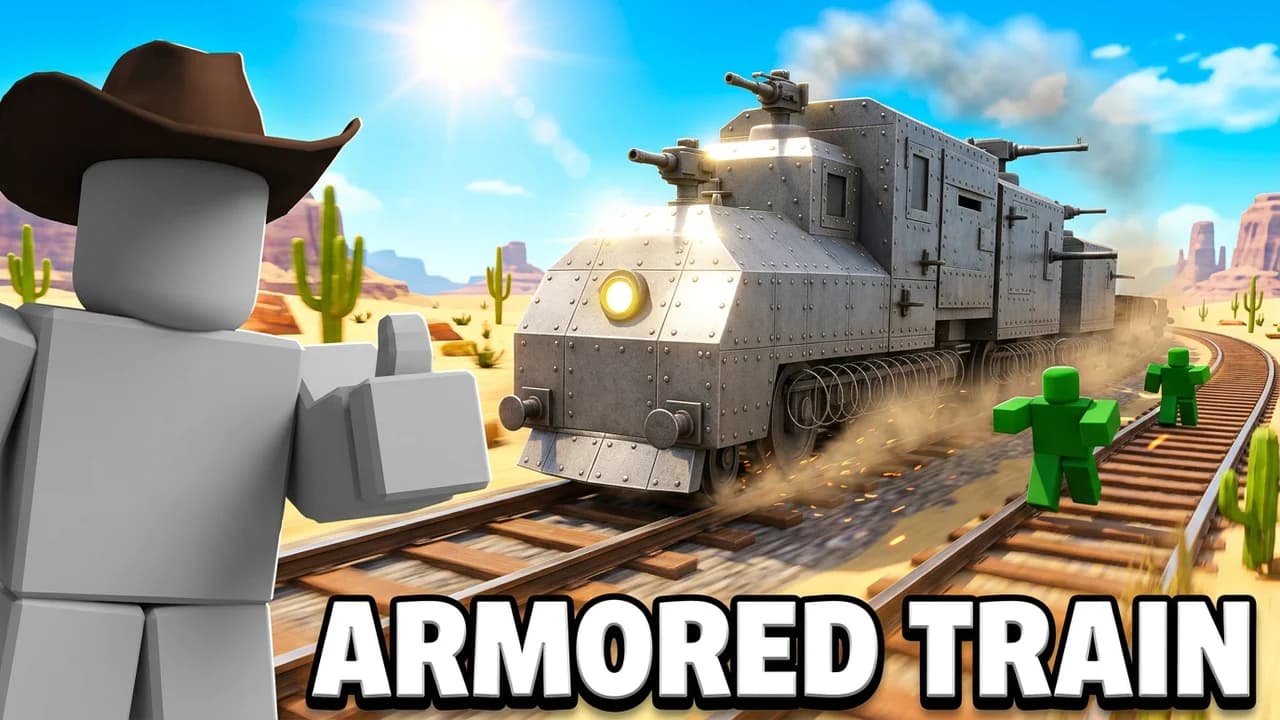 Roblox Dead Rails train build thumbnail template, an avatar in a cowboy hat giving a thumbs up beside a grey steel armoured train with gun turrets rolling through the desert, ARMORED TRAIN text
