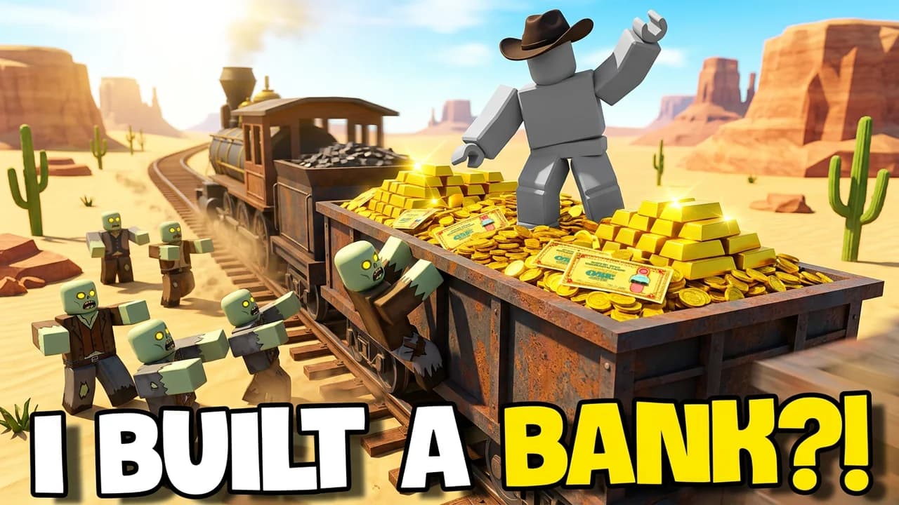 Roblox Dead Rails train build thumbnail template, an avatar in a cowboy hat standing on a train wagon piled with gold bars and coins, zombies climbing after it in the desert, I BUILT A BANK?! text