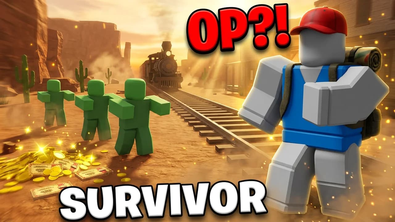Roblox Dead Rails class review thumbnail template, an avatar in a red cap, blue vest and backpack beside the rails, zombies and scattered gold behind, OP?! and SURVIVOR text