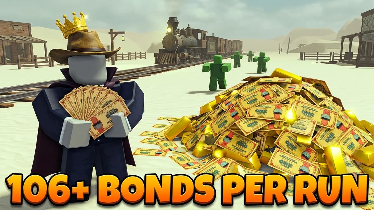 Roblox Dead Rails bond farming thumbnail template, an avatar in a caped suit and a small gold crown holding a fan of bonds beside a huge pile of bonds and gold, 106+ BONDS PER RUN text