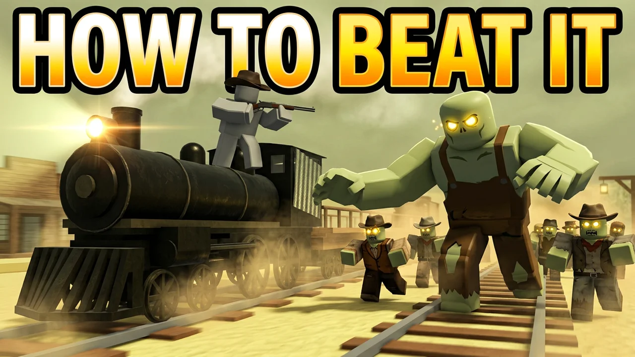 Roblox Dead Rails guide thumbnail template, an avatar with a rifle on top of a steam train, a huge hunched zombie in overalls and a crowd of zombies chasing on the rails, HOW TO BEAT IT text