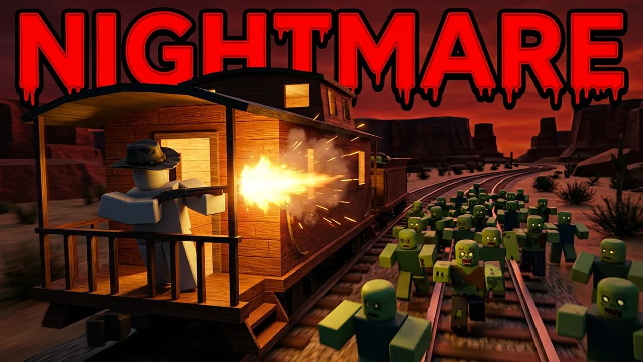 Roblox Dead Rails nightmare mode thumbnail template, an avatar firing a shotgun from the back of a moving train at dusk, a horde of zombies running along the rails, NIGHTMARE text in dripping red letters