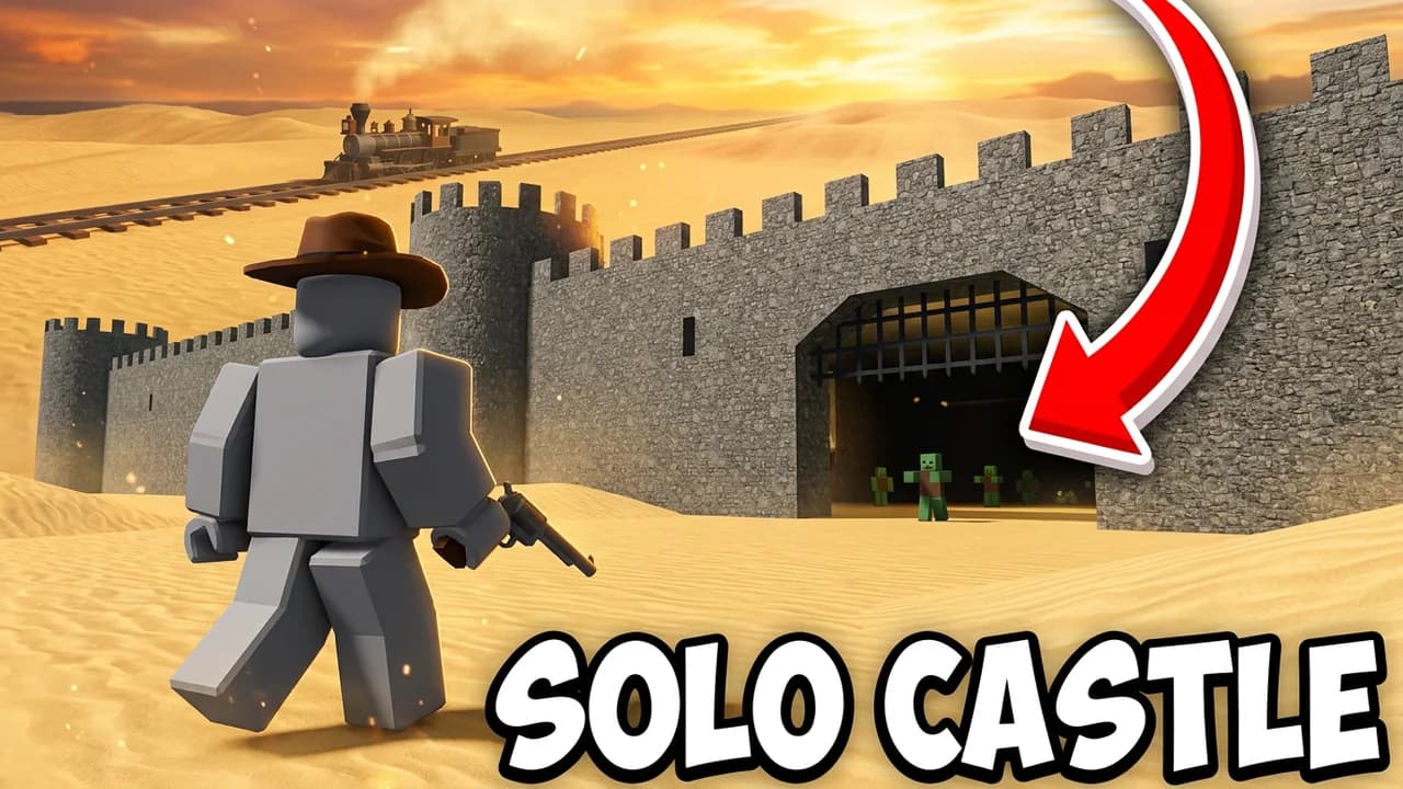 Roblox Dead Rails castle thumbnail template, an avatar with a revolver walking toward a grey stone castle gate in the desert, a curved red arrow pointing at the gate, SOLO CASTLE text