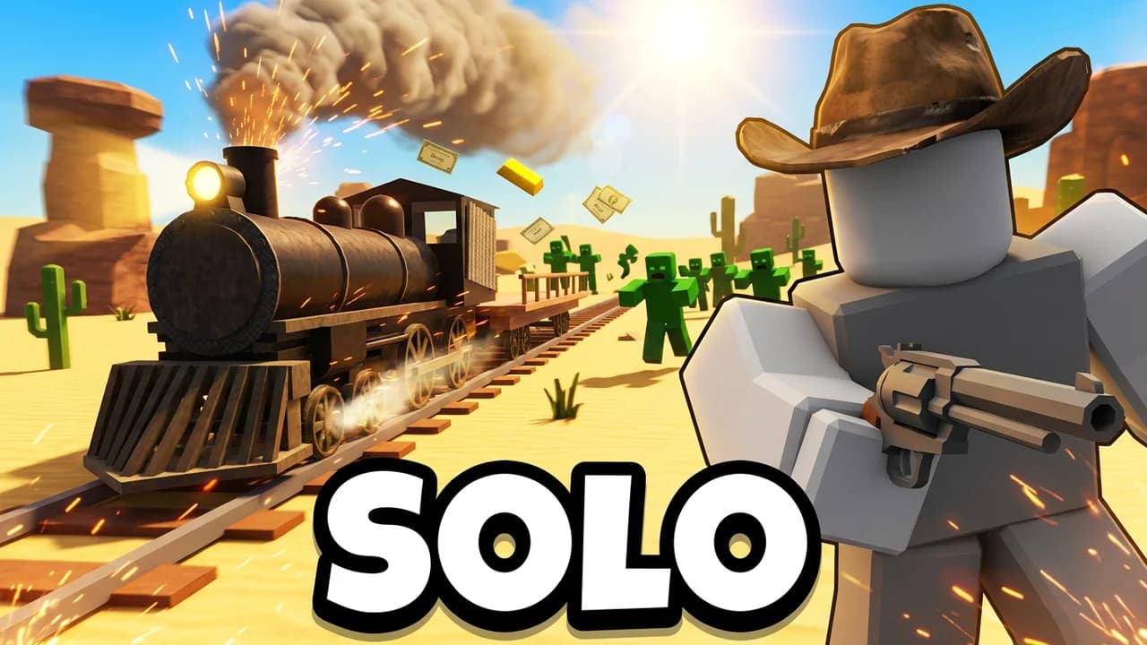 Roblox Dead Rails solo thumbnail template, an avatar in a cowboy hat aiming a revolver in front of an old black steam train charging across a sunny desert, SOLO text