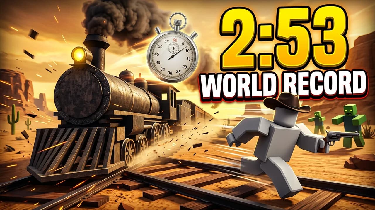 Roblox Dead Rails speedrun thumbnail template, an avatar in a cowboy hat sprinting beside a speeding black steam train, a stopwatch above, 2:53 and WORLD RECORD text