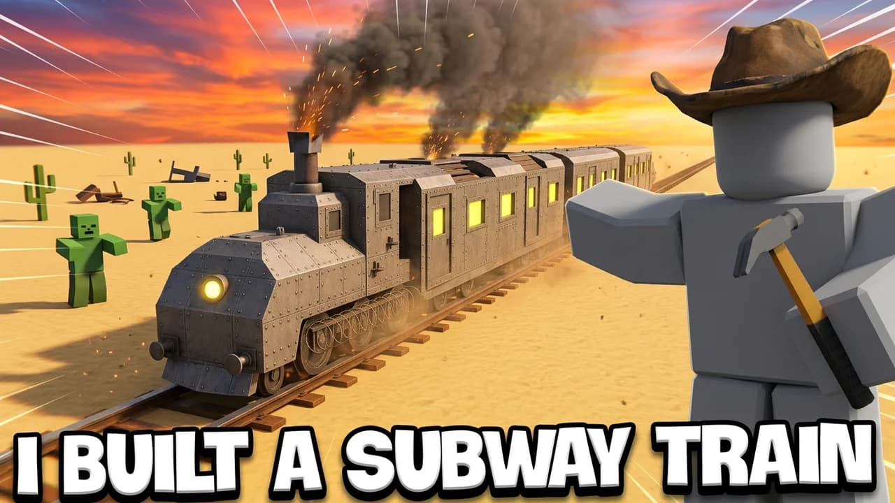 Roblox Dead Rails train build thumbnail template, a long enclosed grey train with lit windows crossing the desert, an avatar in a cowboy hat holding a hammer, I BUILT A SUBWAY TRAIN text