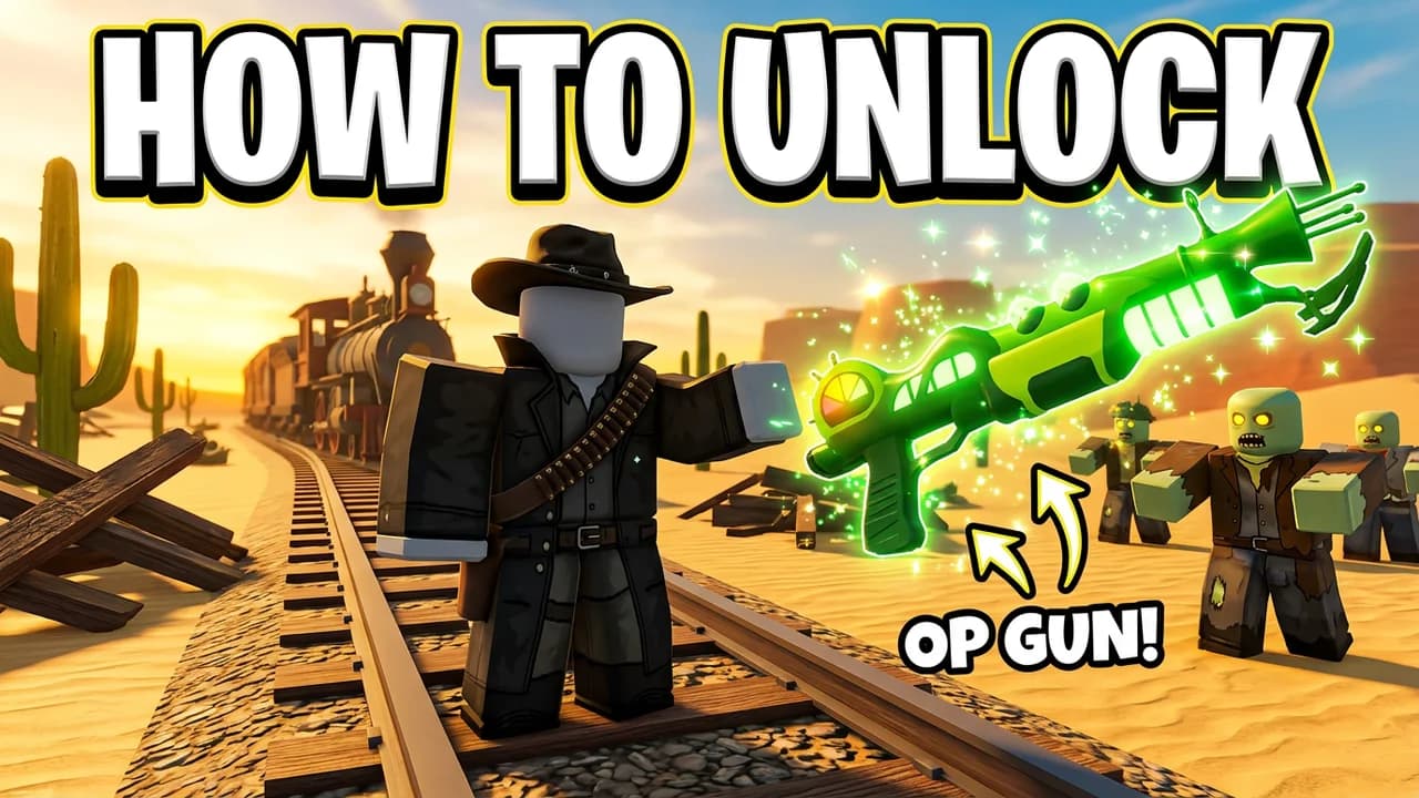 Roblox Dead Rails unlock guide thumbnail template, an avatar in a long black coat on the rails beside a glowing green ray gun, zombies behind, HOW TO UNLOCK and OP GUN! text