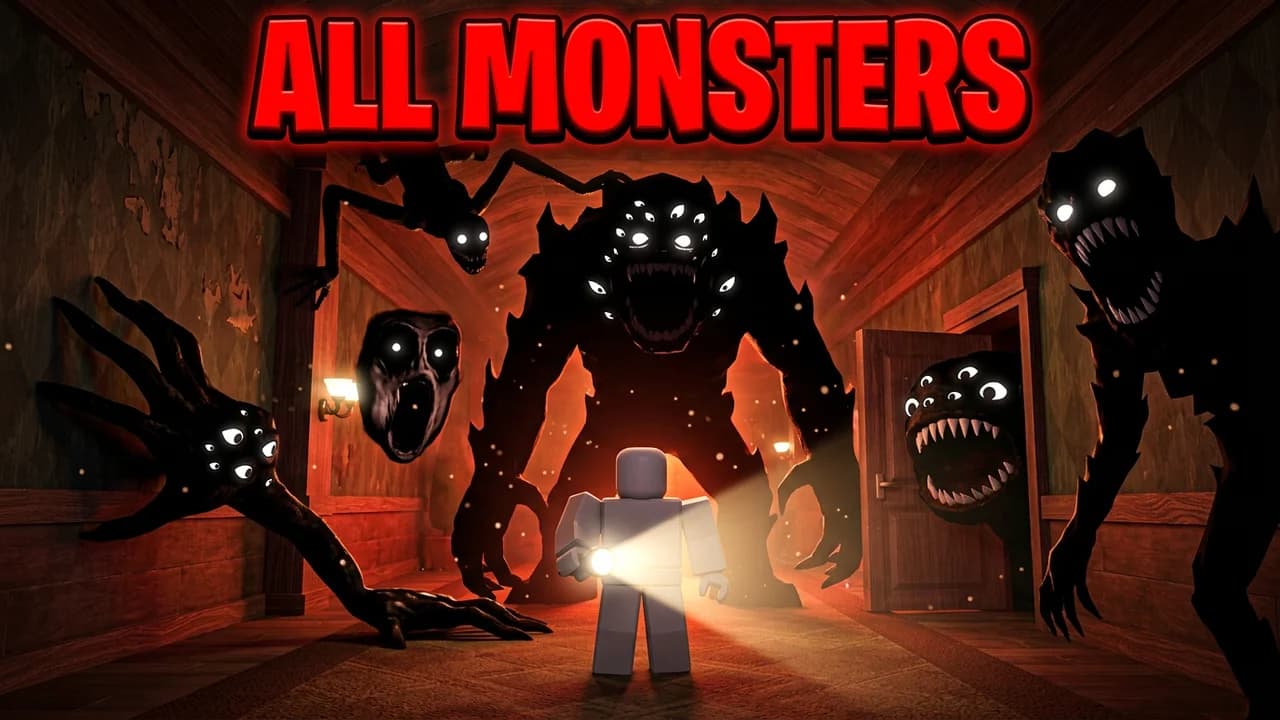 Roblox Doors all monsters thumbnail template, a small avatar with a flashlight surrounded by shadow monsters with glowing eyes in a dark hallway, ALL MONSTERS text
