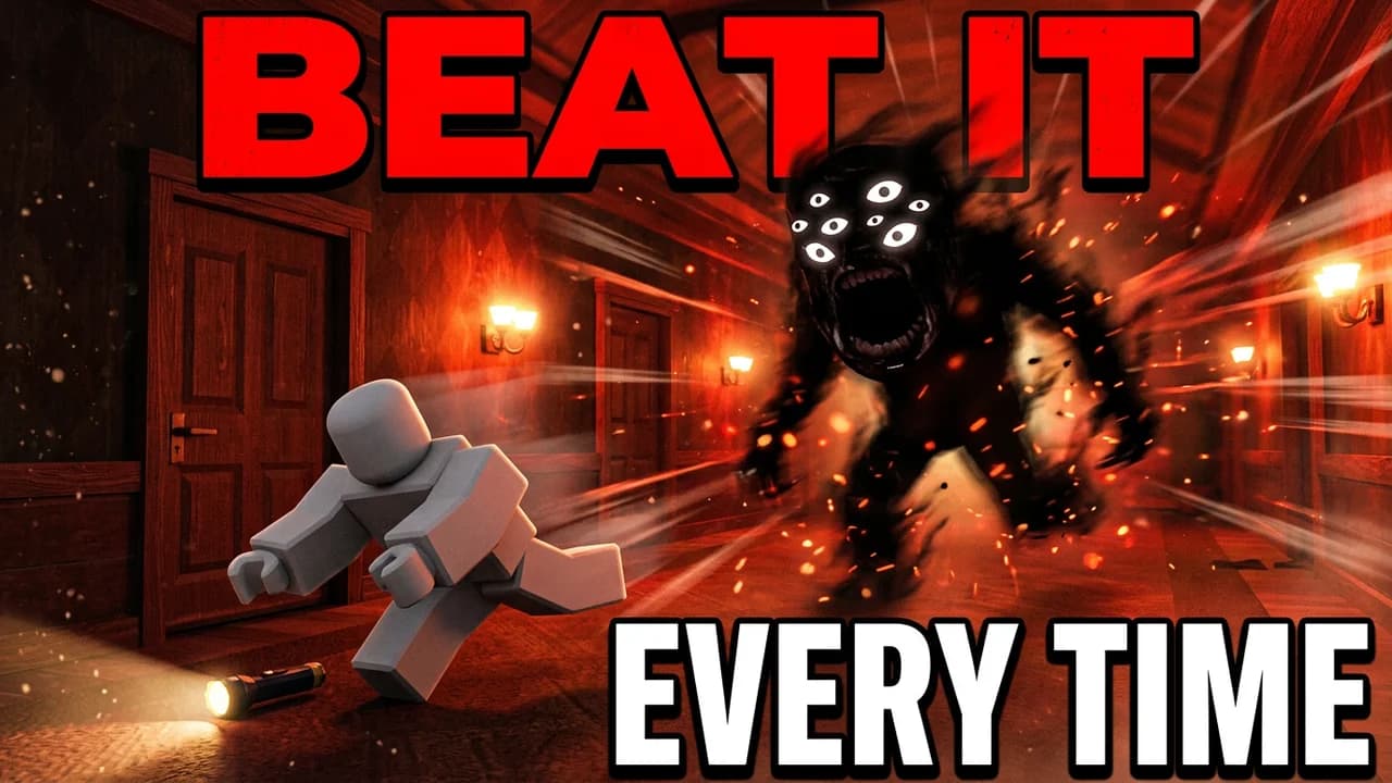Roblox Doors guide thumbnail template, an avatar diving out of the way as a many-eyed shadow monster rushes down a red hallway, BEAT IT and EVERY TIME text