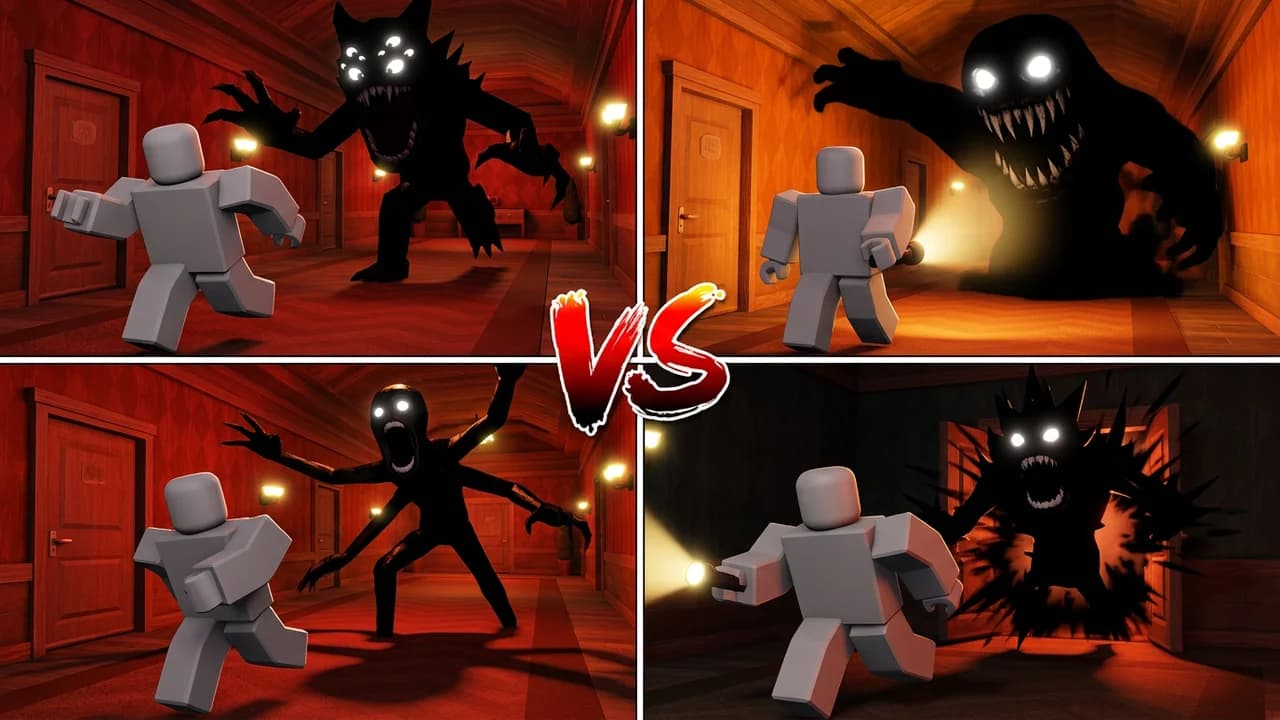 Roblox Doors chase versus thumbnail template, four panels of avatars running from different shadow monsters in red hotel hallways, a big red VS in the middle