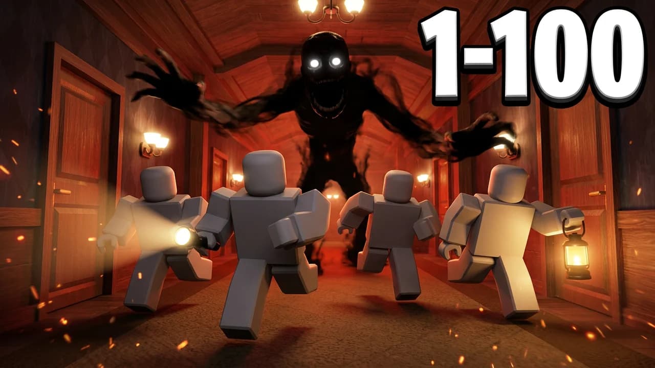 Roblox Doors 1 to 100 thumbnail template, four avatars with a flashlight and a lantern running down a red hotel hallway from a huge shadow monster with glowing eyes, 1-100 text