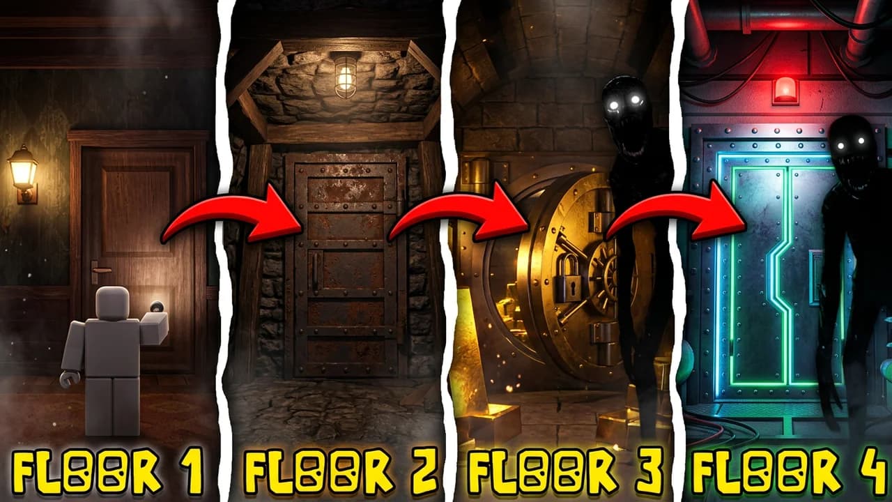 Roblox Doors every floor thumbnail template, a wooden hotel door, an iron mine door, a gold vault door and a glowing steel door in a row with red arrows, FLOOR 1 to FLOOR 4 text