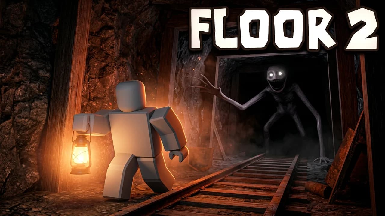 Roblox Doors floor 2 mines thumbnail template, an avatar with a lantern on mine rail tracks, a pale long-armed monster creeping from a dark tunnel, FLOOR 2 text