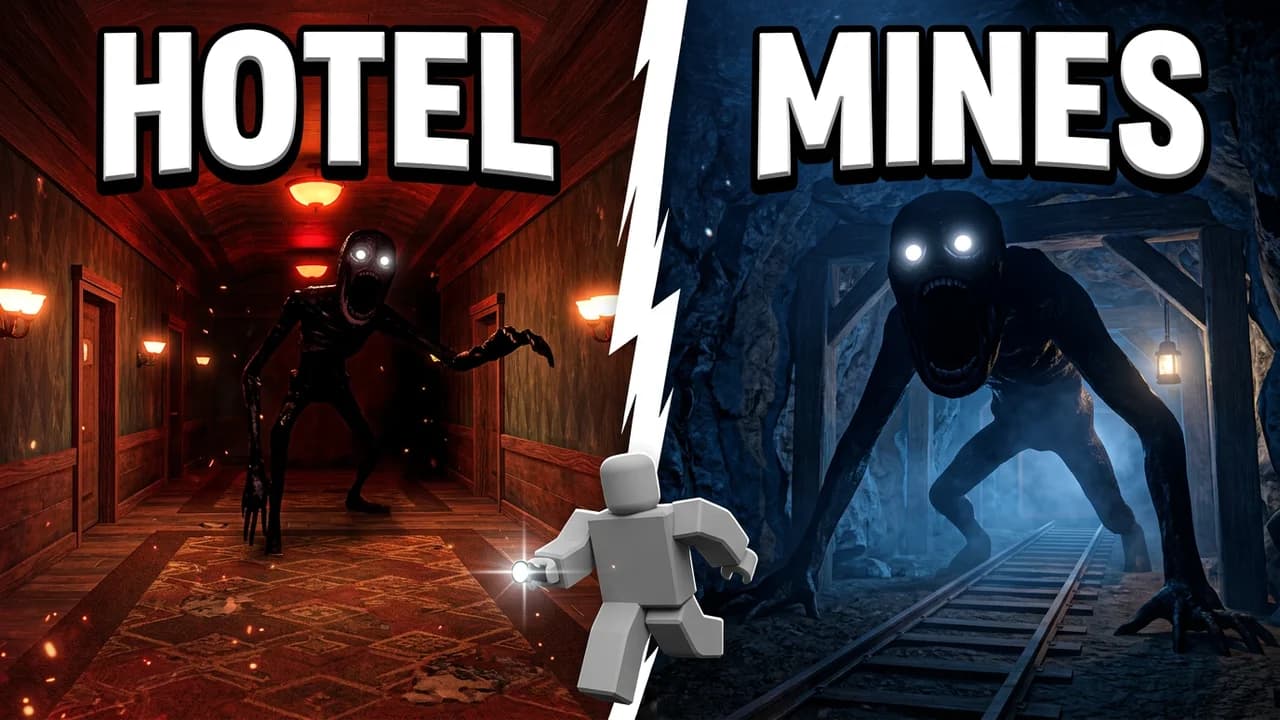 Roblox Doors hotel vs mines thumbnail template, a red hotel hallway with a shadow monster on the left, a blue mine cave with a crawling monster on the right, an avatar in the middle, HOTEL and MINES text