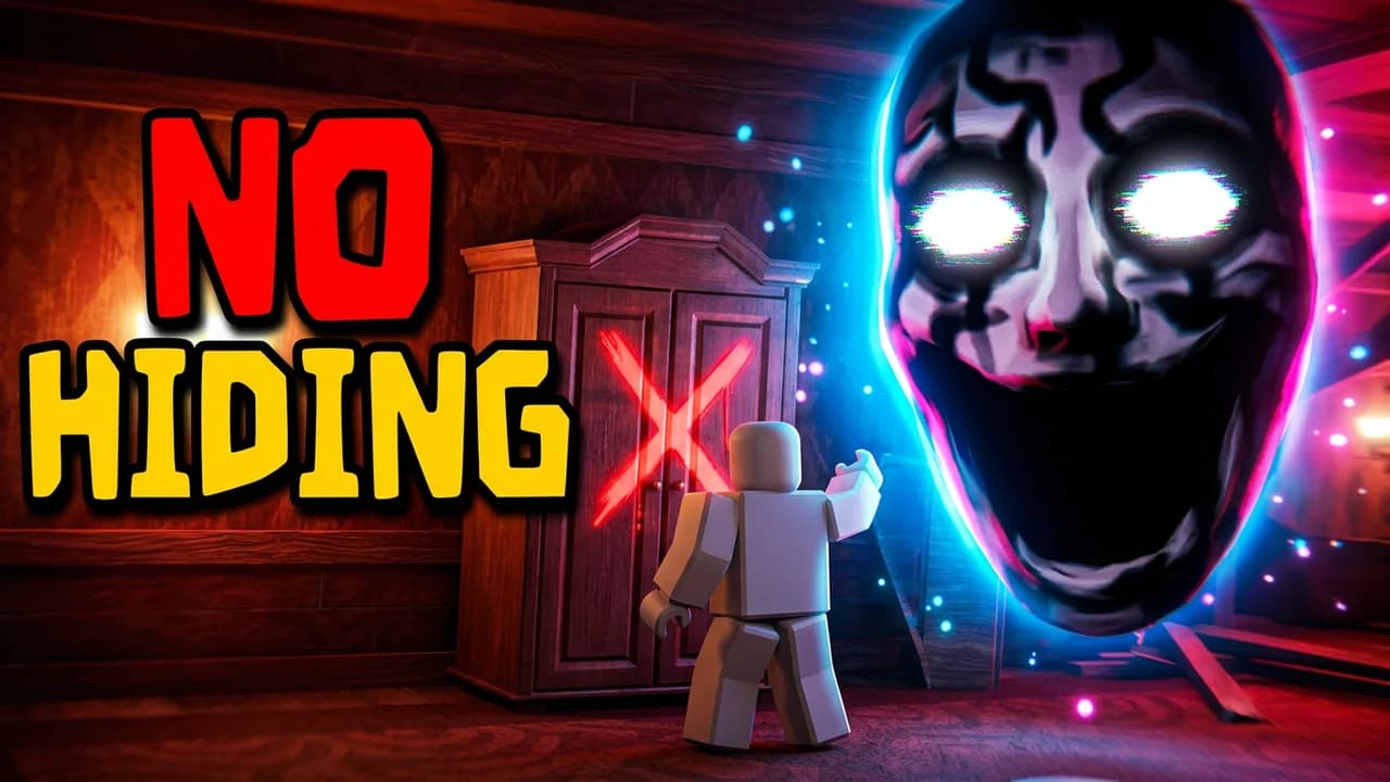 Roblox Doors no hiding challenge thumbnail template, an avatar beside a wardrobe crossed out in red, a giant monster face with glowing white eyes on the right, NO HIDING text