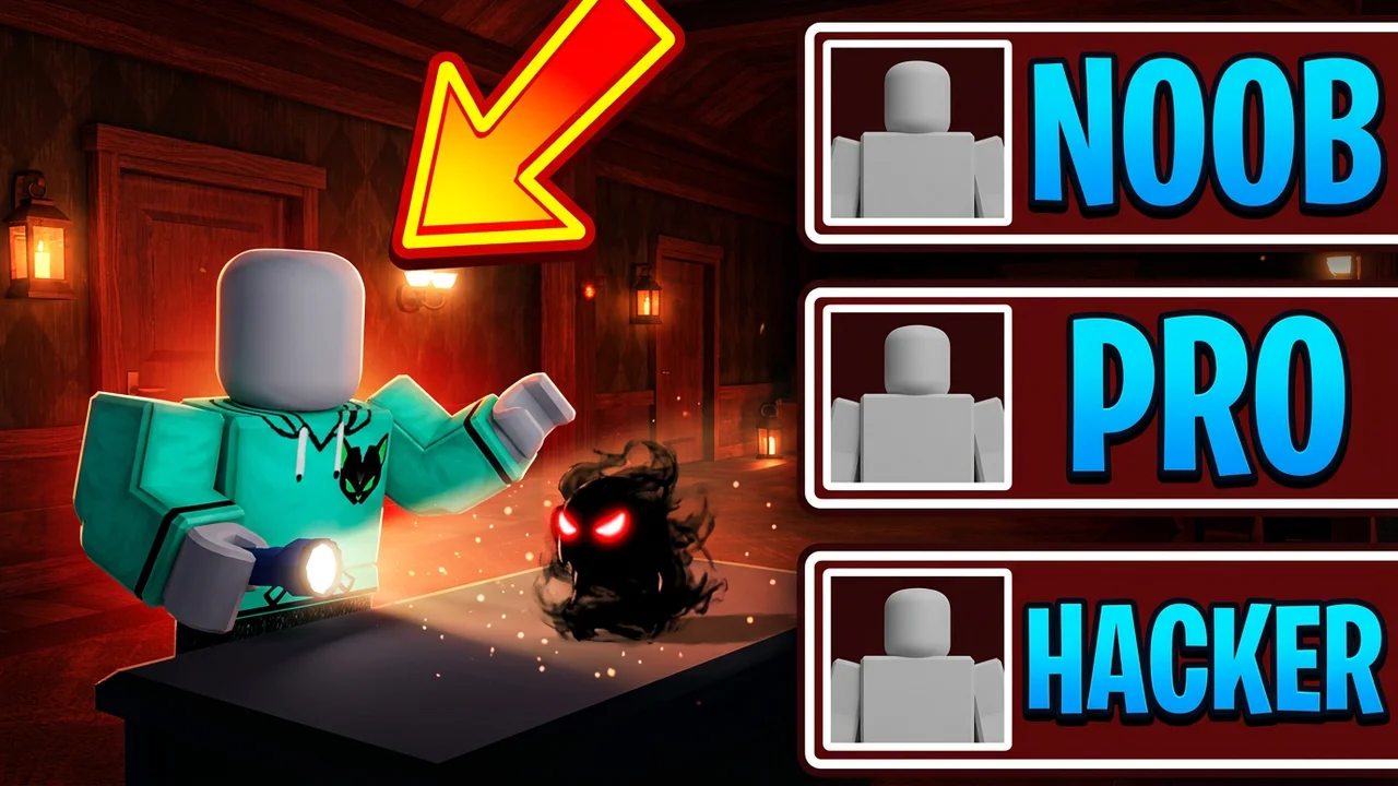 Roblox Doors noob vs pro vs hacker thumbnail template, an avatar in a teal hoodie with a flashlight and a small red-eyed shadow, three portrait rows with NOOB, PRO and HACKER text