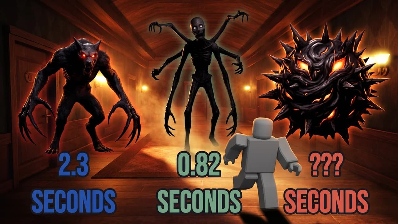 Roblox Doors monster speed test thumbnail template, a clawed beast, a tall thin creature and a spiky ball monster in a hotel hallway with an avatar running past, 2.3, 0.82 and ??? SECONDS text