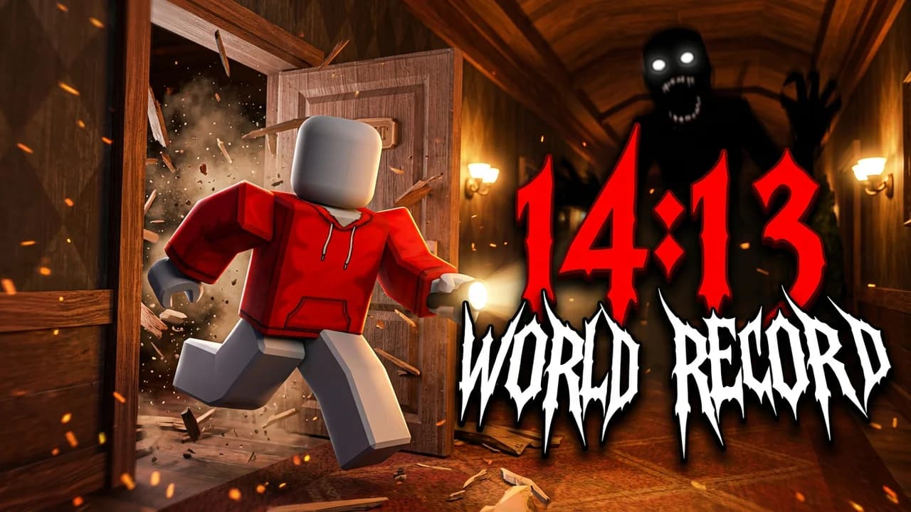 Roblox Doors speedrun thumbnail template, an avatar in a red hoodie bursting through a wooden hotel door with splinters flying, a shadow monster behind, 14:13 and WORLD RECORD text
