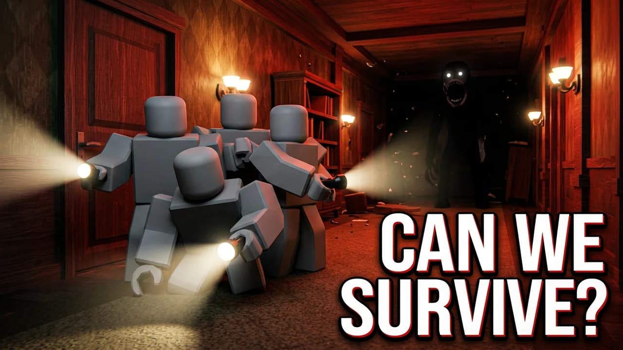 Roblox Doors squad thumbnail template, four avatars huddled with flashlights in a dark hotel corridor, a monster with glowing eyes watching from behind, CAN WE SURVIVE? text