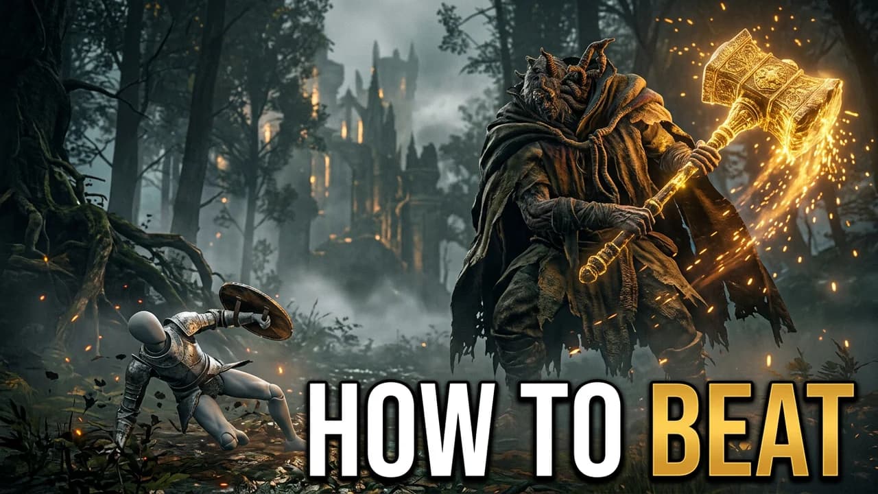 Elden Ring boss guide thumbnail template, a huge hunched cloaked giant swinging a glowing golden hammer at a small player in silver armour rolling away in a foggy forest, HOW TO BEAT text