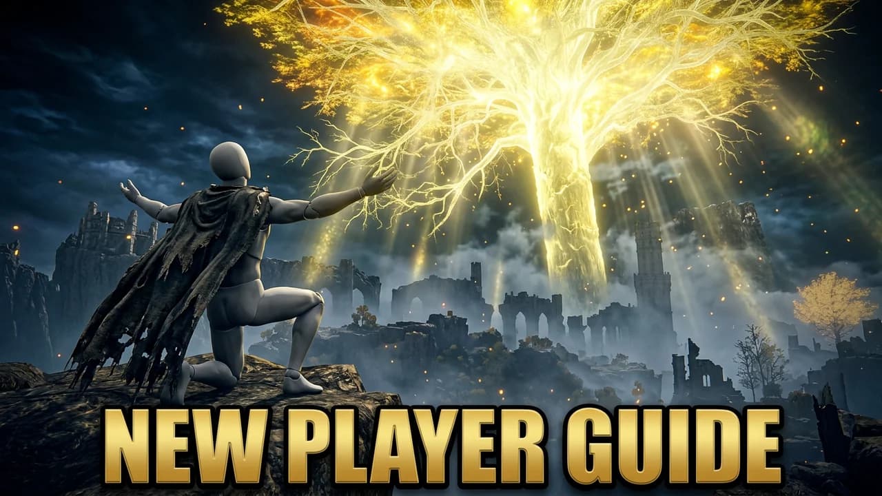 Elden Ring beginner thumbnail template, a player in a torn cloak kneeling with arms spread before a giant glowing golden tree, NEW PLAYER GUIDE text
