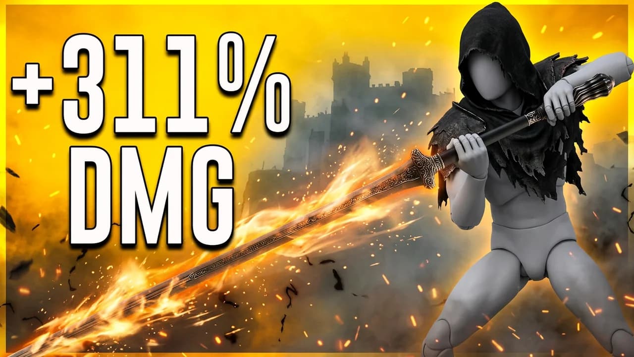 Elden Ring damage thumbnail template, a long dark spear floating across a bright yellow background with an orange aura, a hooded player holding one end, +311% DMG text