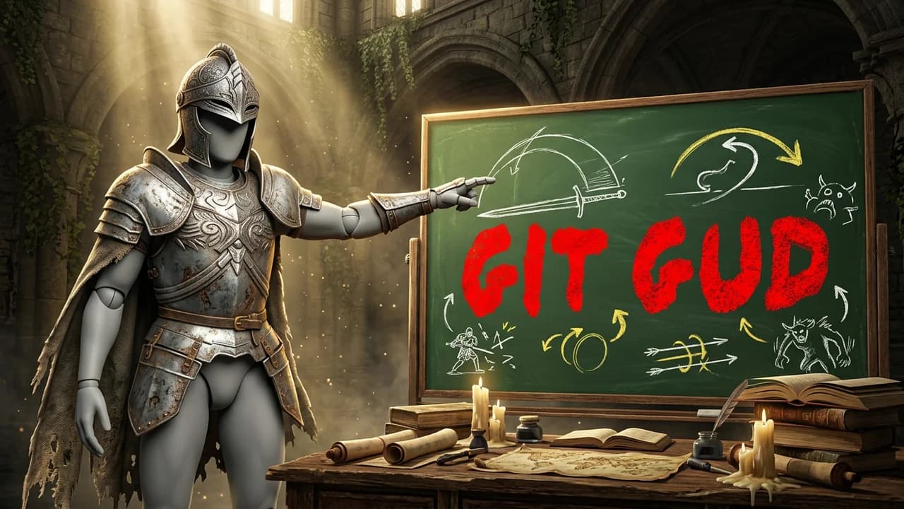 Elden Ring guide thumbnail template, a player in a silver knight helmet and armour pointing at a green chalkboard with sword swing and dodge sketches, GIT GUD written in red on the board