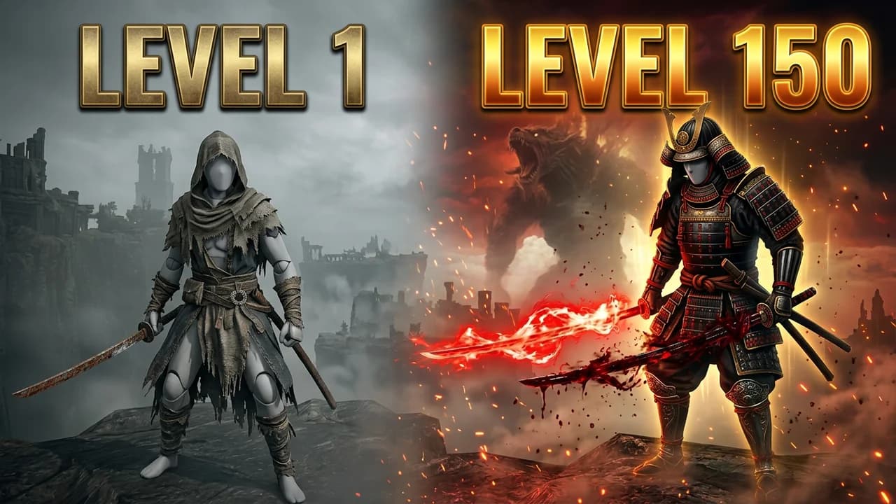 Elden Ring level 1 vs level 150 thumbnail template, a player in worn cloth with a rusty katana on the left, the same player in black samurai armour with a glowing red katana on the right, LEVEL 1 and LEVEL 150 text