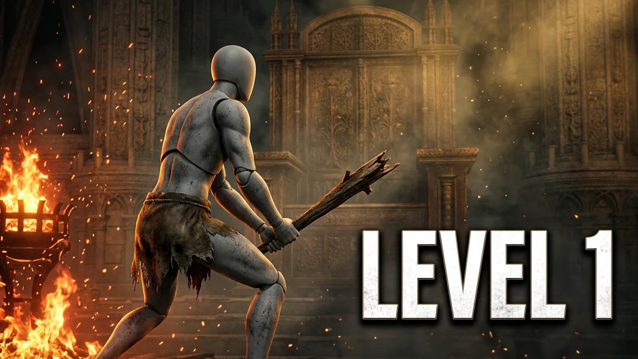 Elden Ring level 1 thumbnail template, a player in a ragged loincloth holding a broken club in a dark stone throne room with flames on the left, LEVEL 1 text