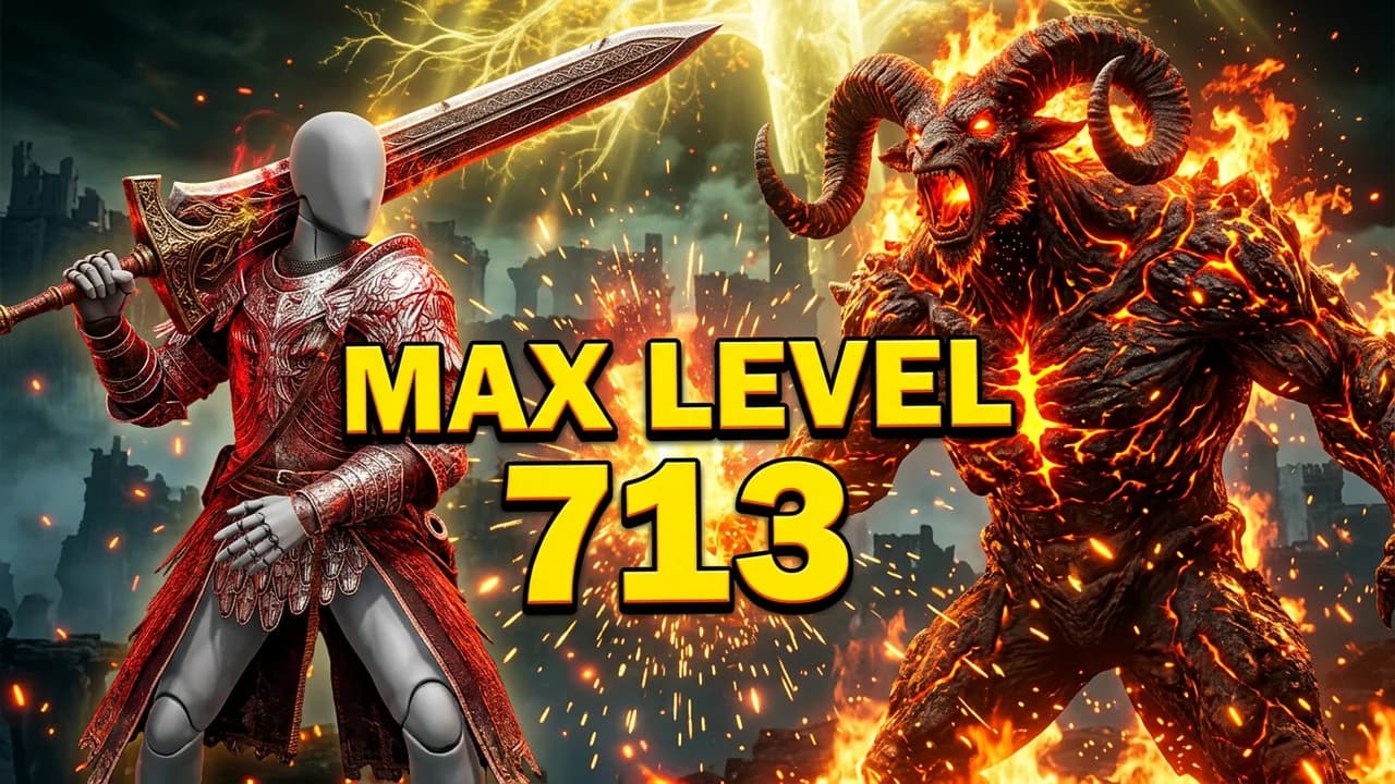 Elden Ring max level thumbnail template, a player in shining red and silver armour with a greatsword facing a giant flaming horned beast, MAX LEVEL and 713 text