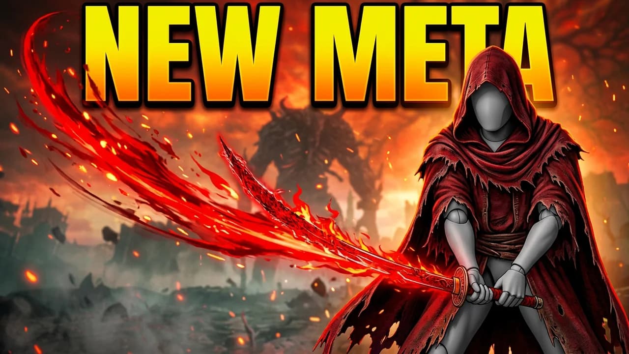 Elden Ring meta thumbnail template, a player in a long red hooded cloak holding a glowing red curved sword with a red slash of light across a fiery battlefield, NEW META text