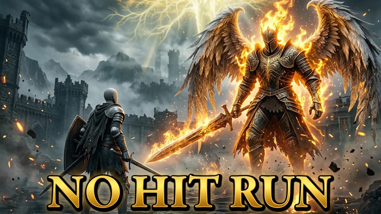 Elden Ring no hit run thumbnail template, a small player in dark armour with sword and shield facing a towering winged knight boss in golden fire, NO HIT RUN text