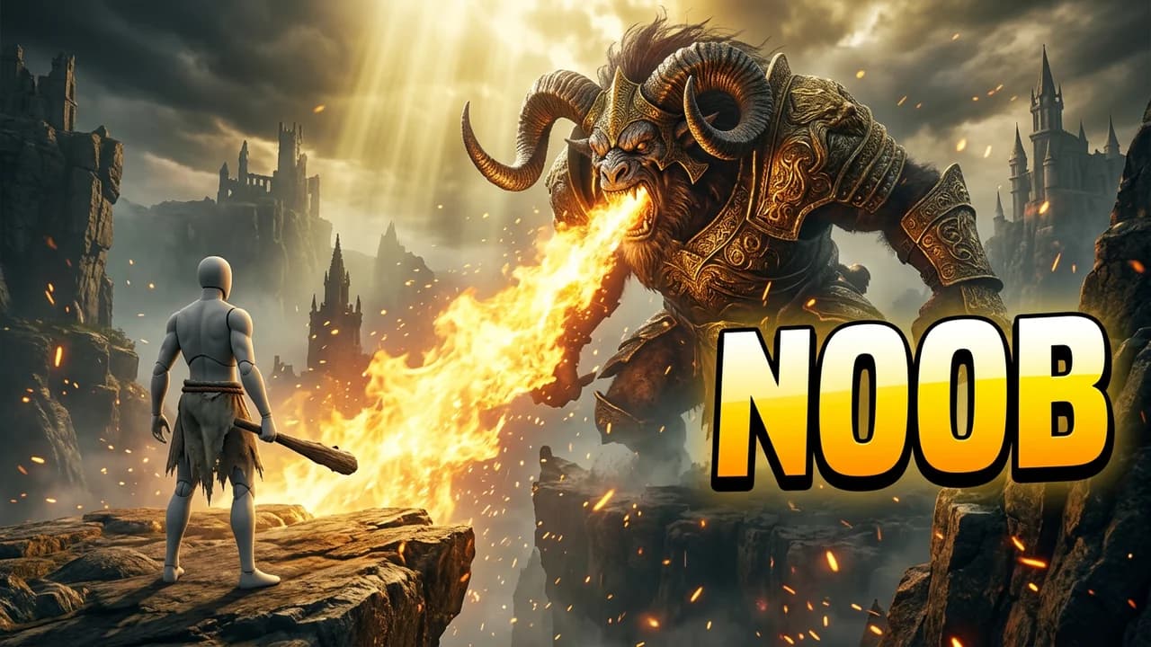Elden Ring noob thumbnail template, a player in a ragged loincloth with a wooden club standing small on a cliff before a huge horned golden beast breathing fire, NOOB text