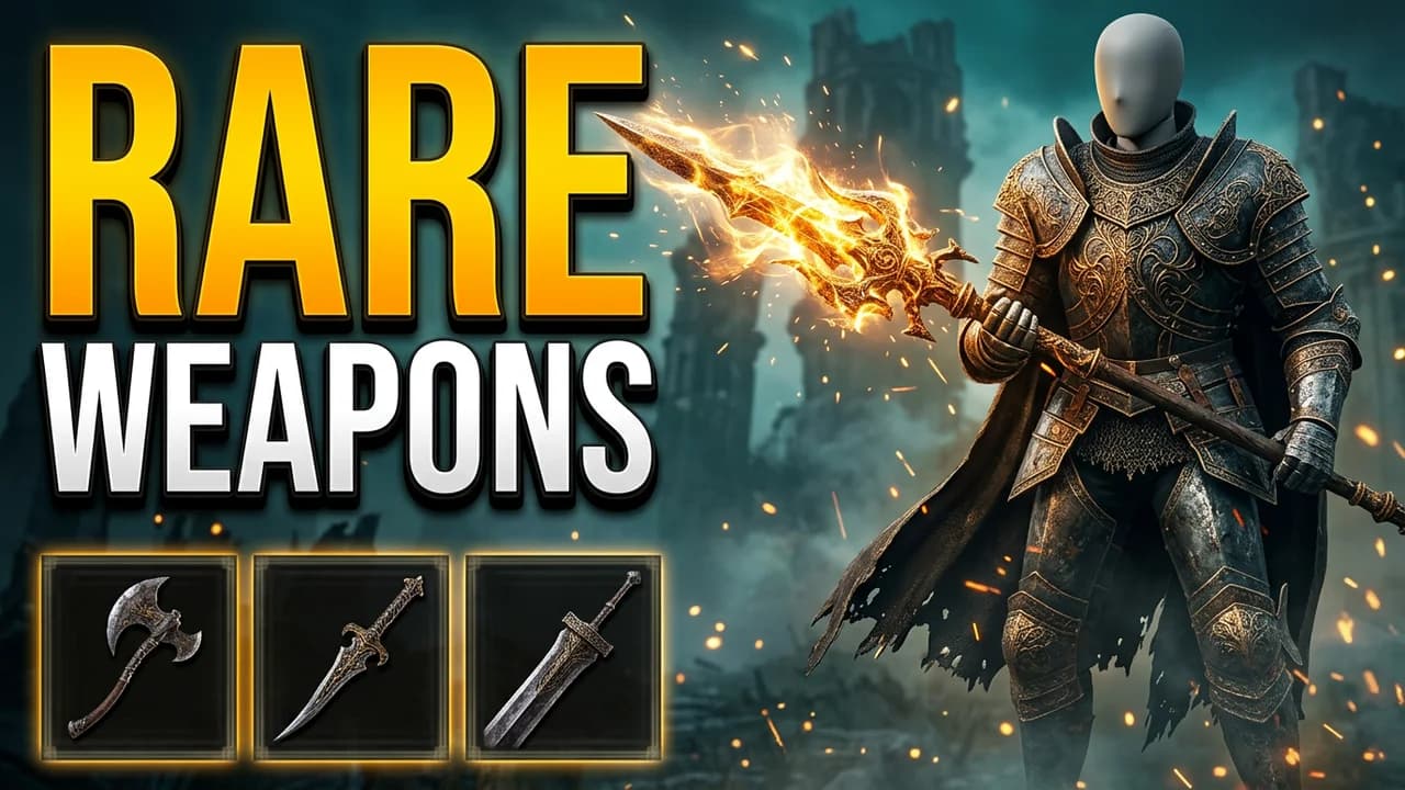Elden Ring weapons thumbnail template, a player in dark knight armour holding a glowing spear, item cards with an axe, a dagger and a greatsword along the bottom, RARE WEAPONS text