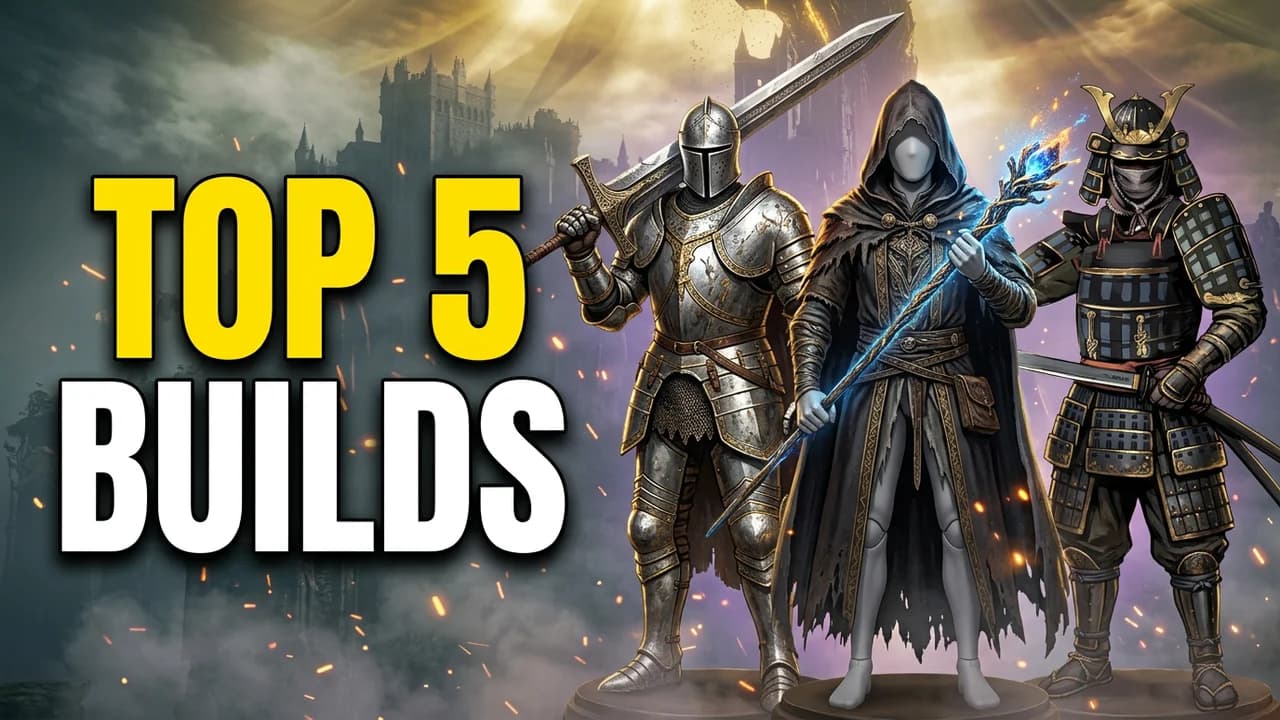 Elden Ring builds thumbnail template, three players side by side as a silver knight with a greatsword, a hooded mage with a glowing staff and a samurai, TOP 5 BUILDS text