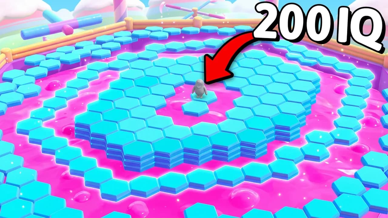 Fall Guys 200 IQ thumbnail template, a top-down view of blue hexagon tiles over pink slime with one small bean in the middle and a red arrow pointing at it, 200 IQ text