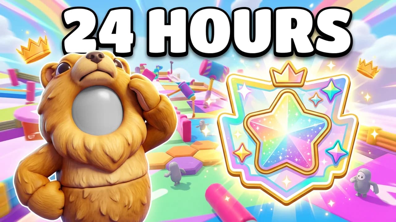 Fall Guys 24 hours thumbnail template, a bean in a fluffy bear costume looking worried beside a glowing rainbow star rank badge, 24 HOURS text