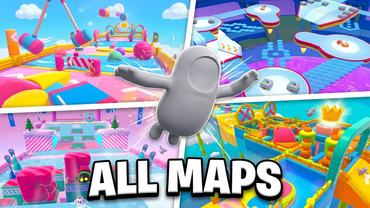 Fall Guys every map thumbnail template, a collage of four bright obstacle course levels with a bean jumping across the middle, ALL MAPS text