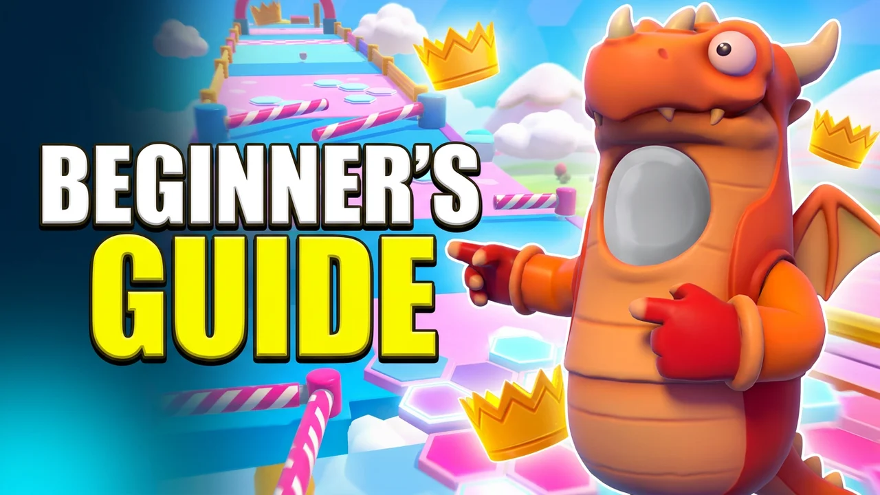 Fall Guys beginner's guide thumbnail template, a bean in an orange dragon costume pointing at the words on a dark blue background, BEGINNER'S GUIDE text