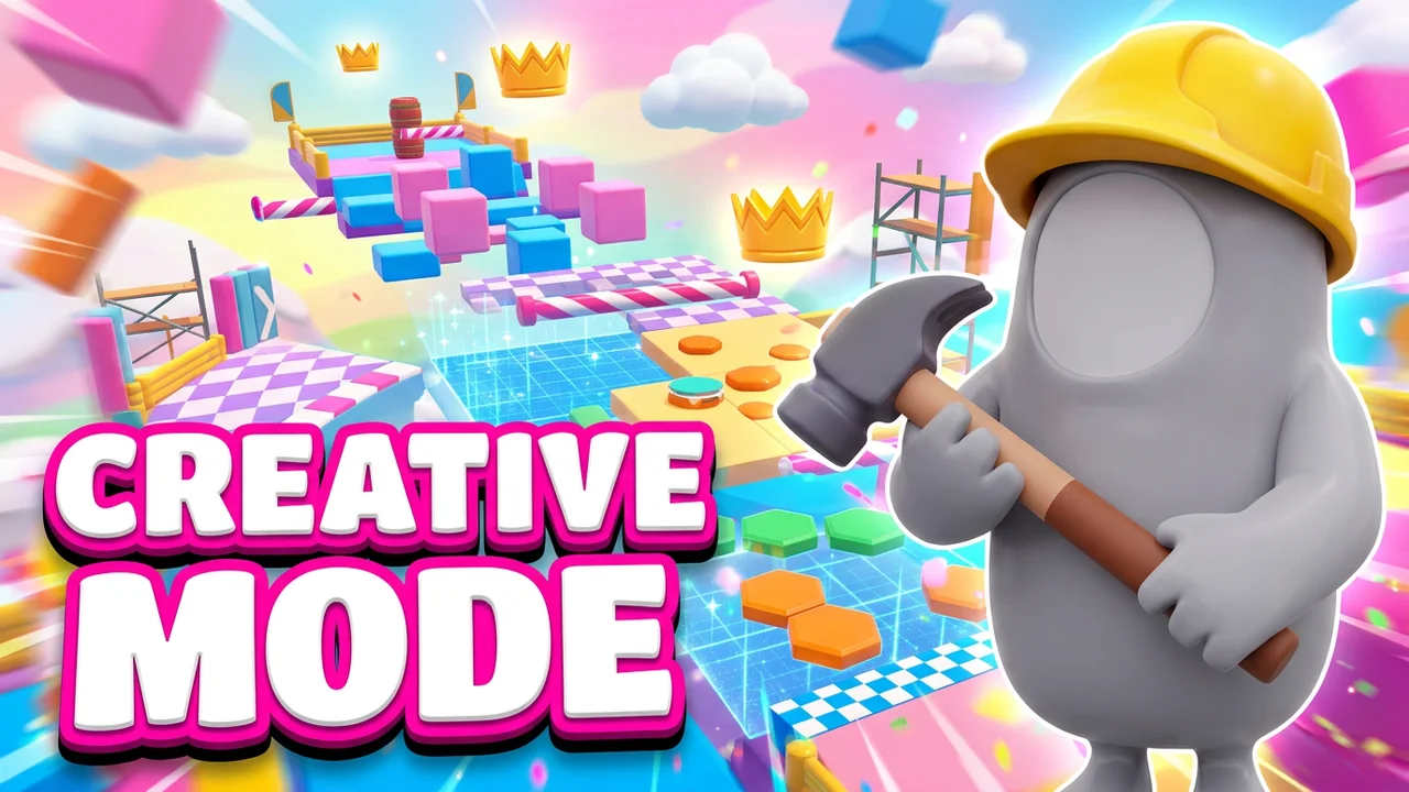 Fall Guys creative mode thumbnail template, a bean in a yellow hard hat holding a hammer beside a half-built pastel obstacle course with floating blocks, CREATIVE MODE text