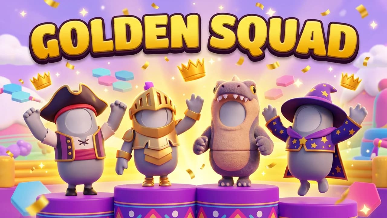 Fall Guys squads thumbnail template, four beans in pirate, knight, dinosaur and wizard costumes cheering on purple podiums with confetti, GOLDEN SQUAD text