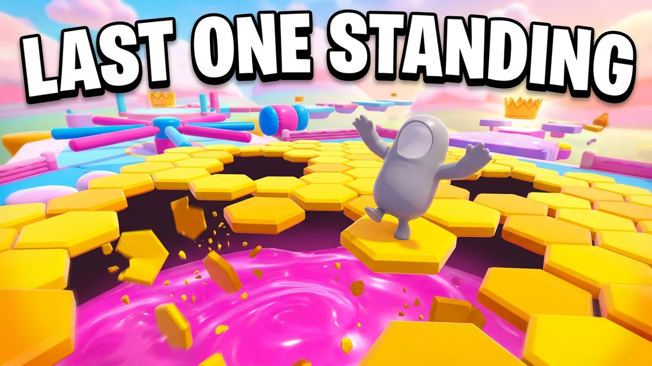 Fall Guys last one standing thumbnail template, a bean balancing on the last yellow hexagon tiles as the floor falls into pink slime, LAST ONE STANDING text